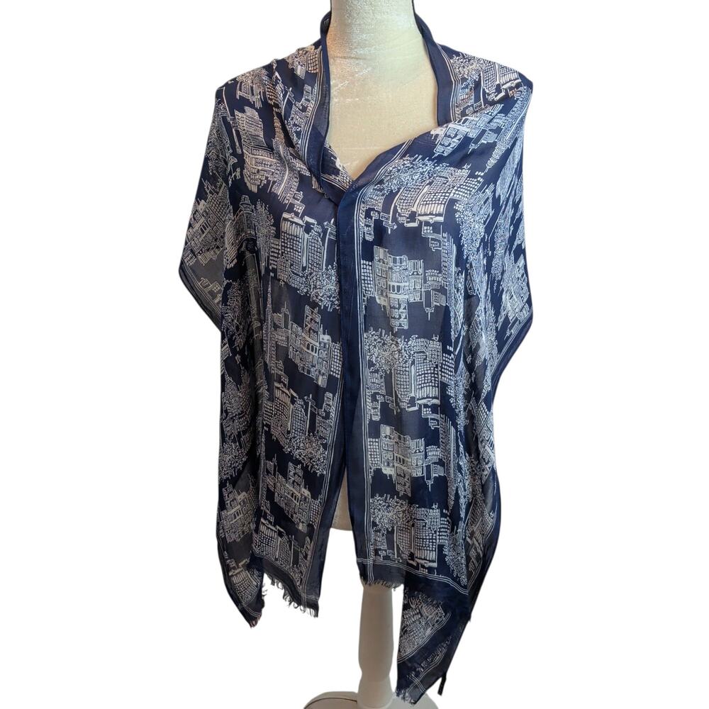 Talbots Navy Sheer Scarf Shawl City Scene Soft Breathable Lightweight Modal